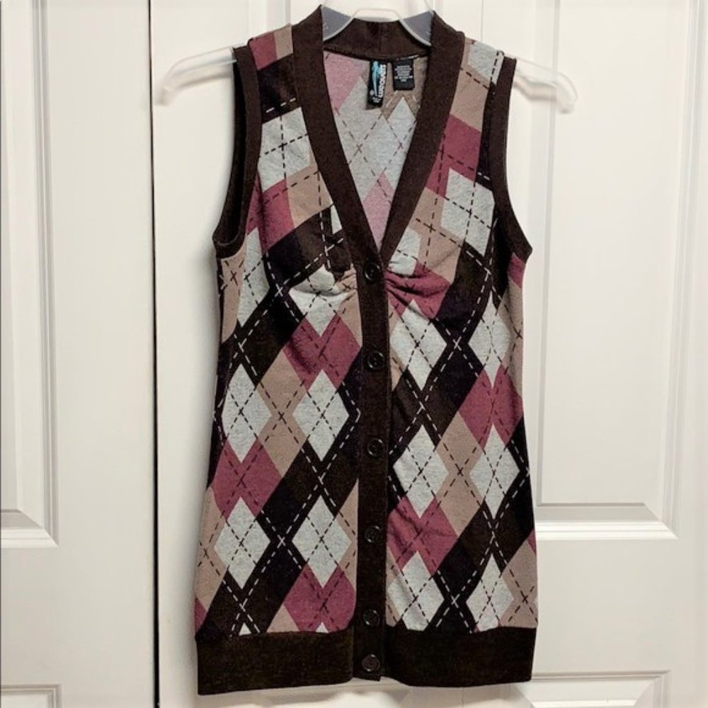 Weavers Brown Multi Color Diamon Cut Button Front Tunic Knit Top Size M